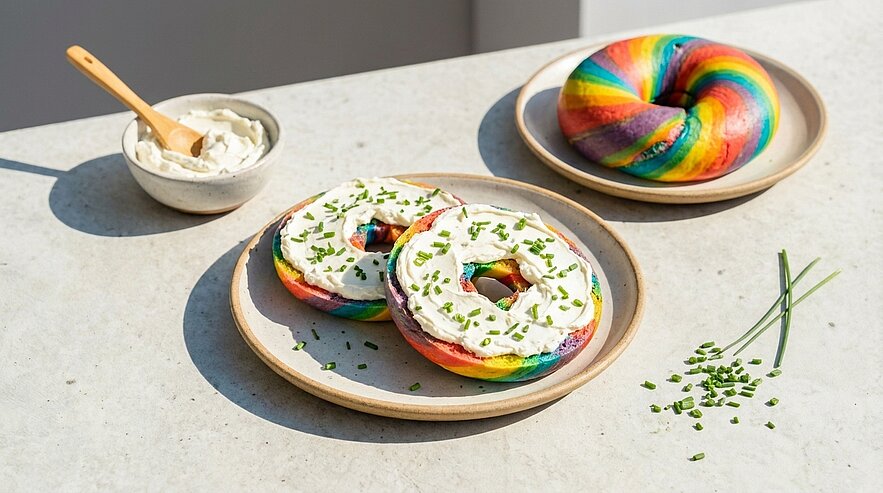 Zwei bunte Regenbogen-Bagels mit Frischkäse und gehacktem Schnittlauch auf einem Teller, daneben ein weiterer Regenbogen-Bagel und eine Schale Frischkäse.