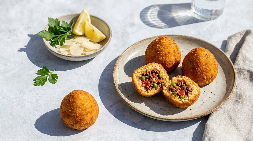 Goldbraune, frittierte Reisbällchen (Arancini) auf einem Teller, zwei halbiert und offen mit Hackfleisch‑ und Erbsenfüllung.