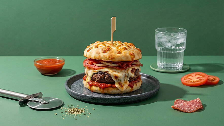 Ein auf einem Teller servierter Burger mit geschmolzenem Käse, Salami und Tomatensauce, garniert mit einem Holzspiesschen. Daneben steht eine Schale mit Ketchup, ein Wasserglas und einige Tomatenscheiben. Der Hintergrund ist grün.