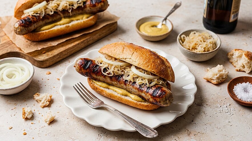 Gegrillte Bratwurst in knusprigem Brötchen, garniert mit Sauerkraut und Senf, serviert auf einem Teller.
