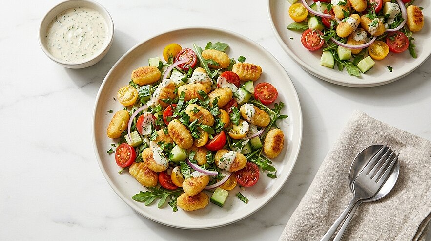 Teller mit frischem Salat aus goldbraun gebratenen Gnocchi, Rucola, halbierten Cherrytomaten, Gurkenwürfeln, roten Zwiebelringen und kleinen Mozzarellabällchen; cremiges Dressing separat.