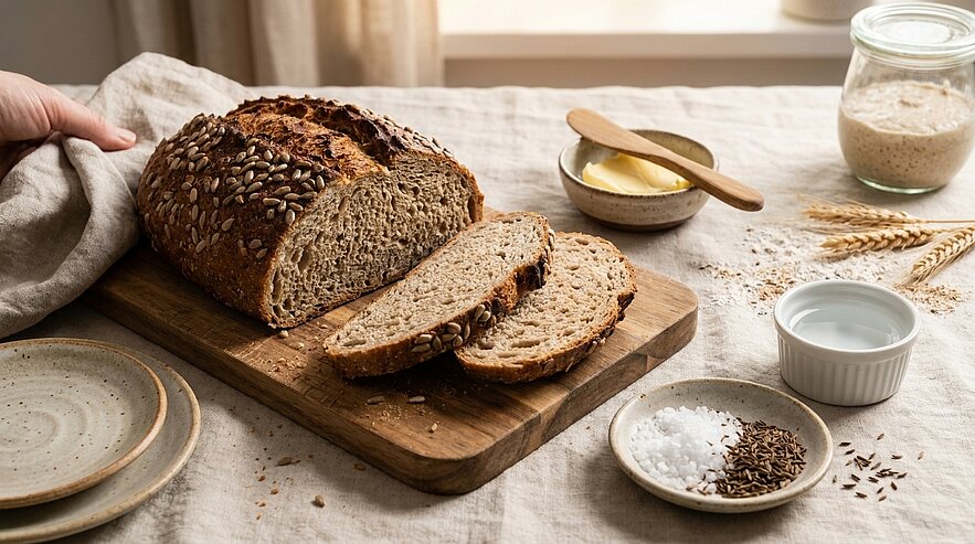 Ein frisch gebackenes Brot mit Sonnenblumenkernen liegt auf einem Holzbrett. Es sind zwei Scheiben abgeschnitten. Neben dem Brot steht ein Butterglas, eine Schale mit Salz, eine kleine Schüssel mit Leinsamen und eine Vorratsglass mit Ansatz für Sauerteig.
