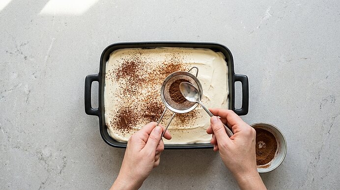 Zwei Hände sieben Kakaopulver durch ein Sieb auf eine rechteckige Auflaufform mit cremigem Dessert.