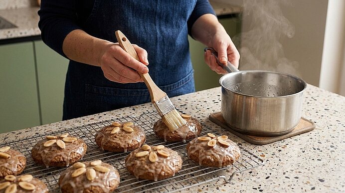 Hände einer Person bestreichen mit einem Backpinsel Glasur aus einem Topf auf runden, mit Mandelblättchen dekorierten Gebäckstücken, die auf einem Abkühlgitter liegen.