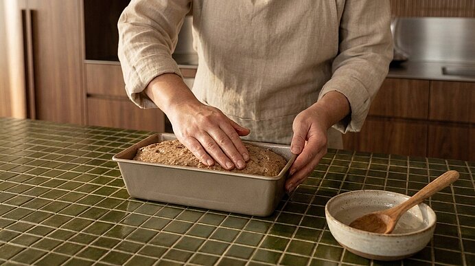 Hände einer Person formen ein frisch gebackenes Brot in einer Kastenform auf einer grünen Fliesarbeitsfläche, daneben eine Schüssel mit Holzlöffel.