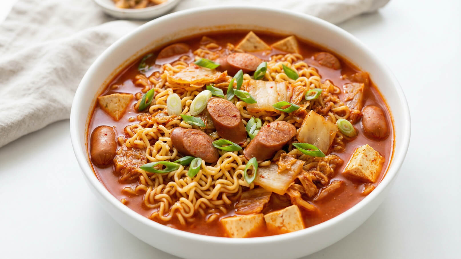 Eine Schüssel mit würziger Nudelsuppe ist sichtbar. Die Suppe enthält Ramen-Nudeln, Wurstscheiben, Tofuwürfel, Kimchi und frische Frühlingszwiebeln. Die Darstellung ist appetitlich und farbenfroh, mit einem Schwerpunkt auf der Mischung verschiedener Zutaten.