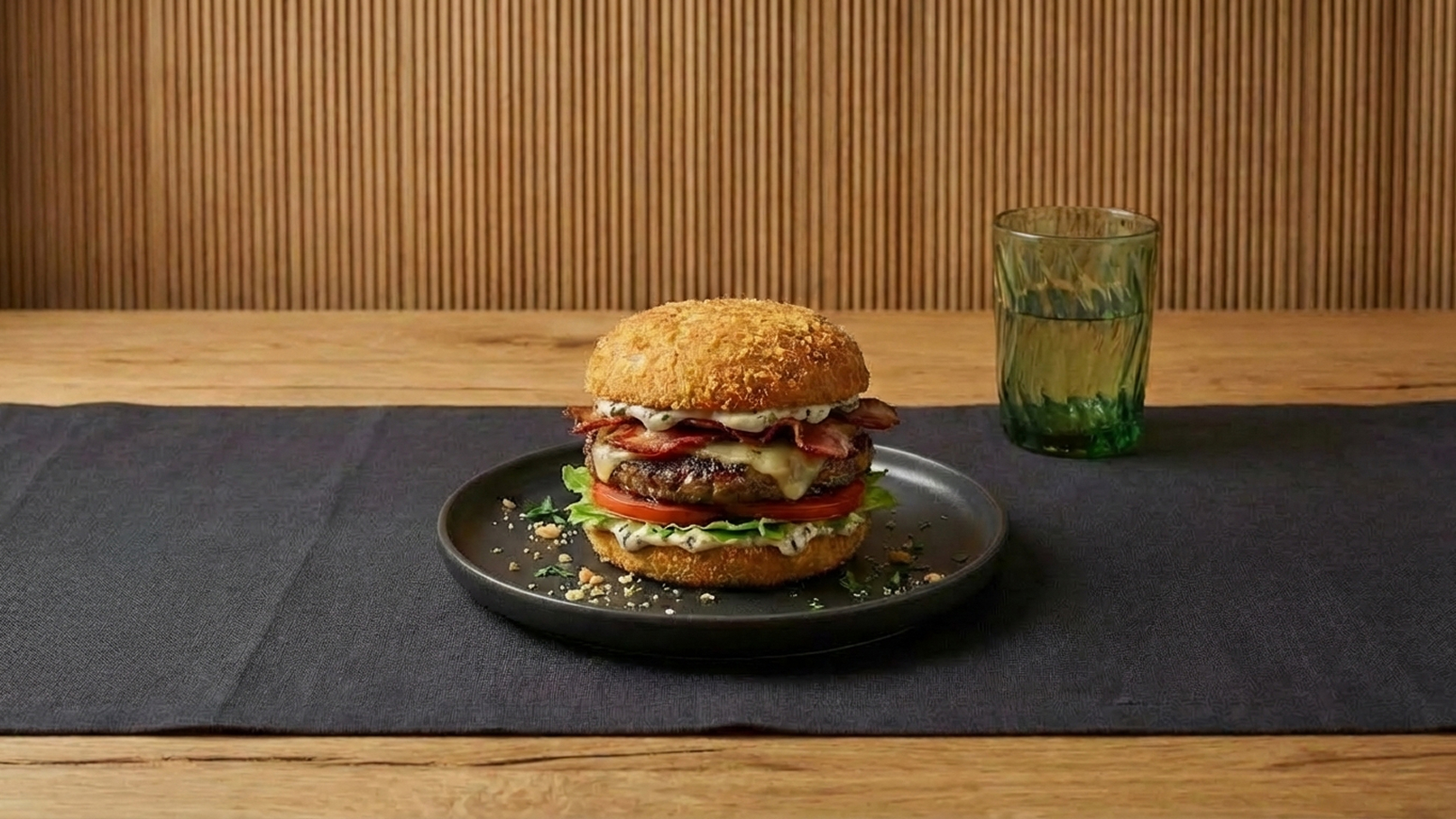 Ein saftiger Burger mit einem Sesambrötchen, gefüllt mit Fleisch, Käse, Tomaten, Salat und weiteren Zutaten, steht auf einem schwarzen Teller. Daneben befindet sich ein grünes Glas mit einem Getränk. Der Hintergrund ist aus Holzlatten gefertigt.