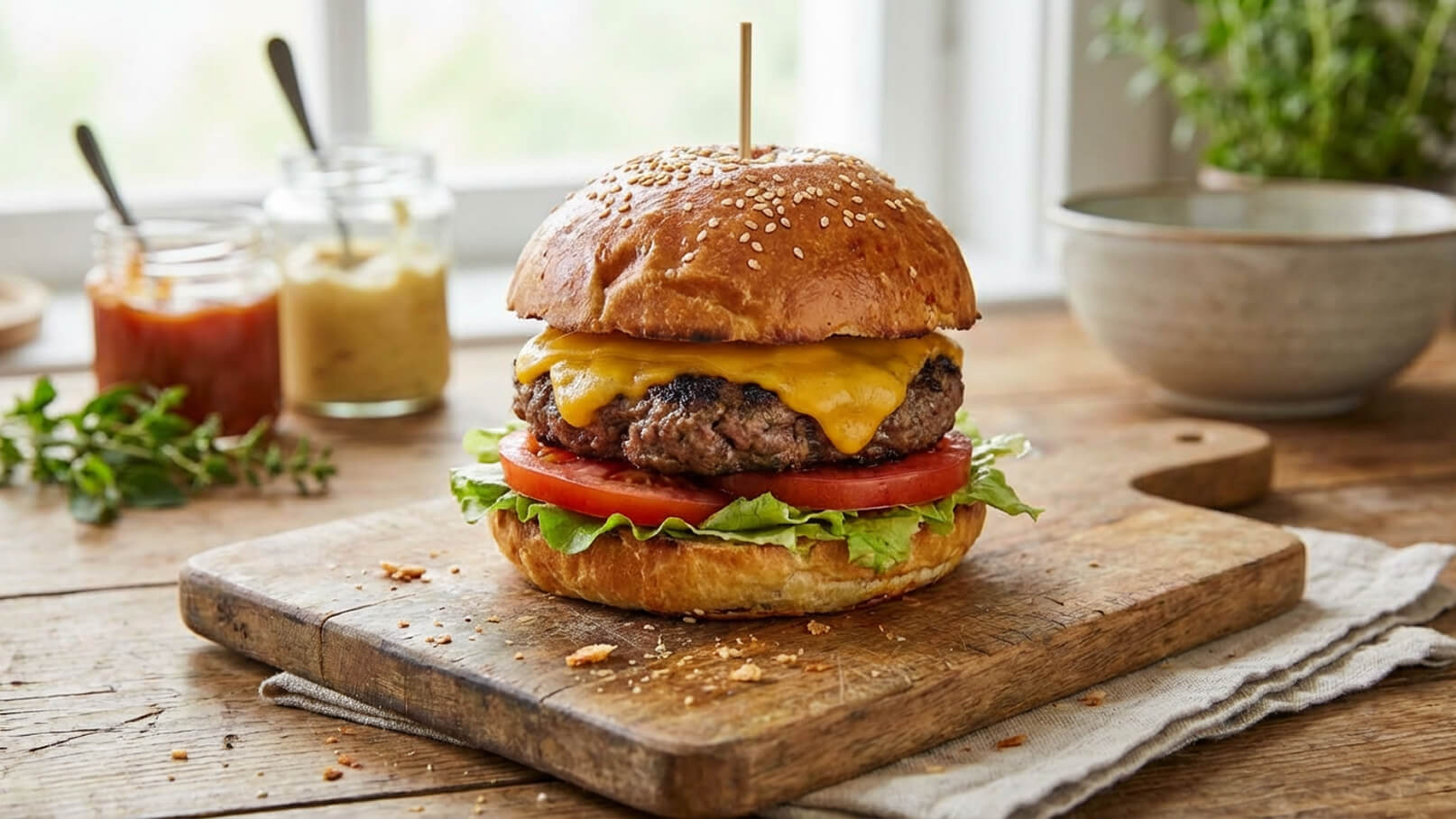 Ein saftiger Hamburger auf einem Holzbrett, belegt mit geschmolzenem Cheddar-Käse, frischen Tomatenscheiben und knackigem Salat. Der Brötchenoberen ist mit Sesam bestreut und eine Holzspießchen steckt oben im Burger. Im Hintergrund sind Gläser mit Saucen und Kräuter zu sehen.