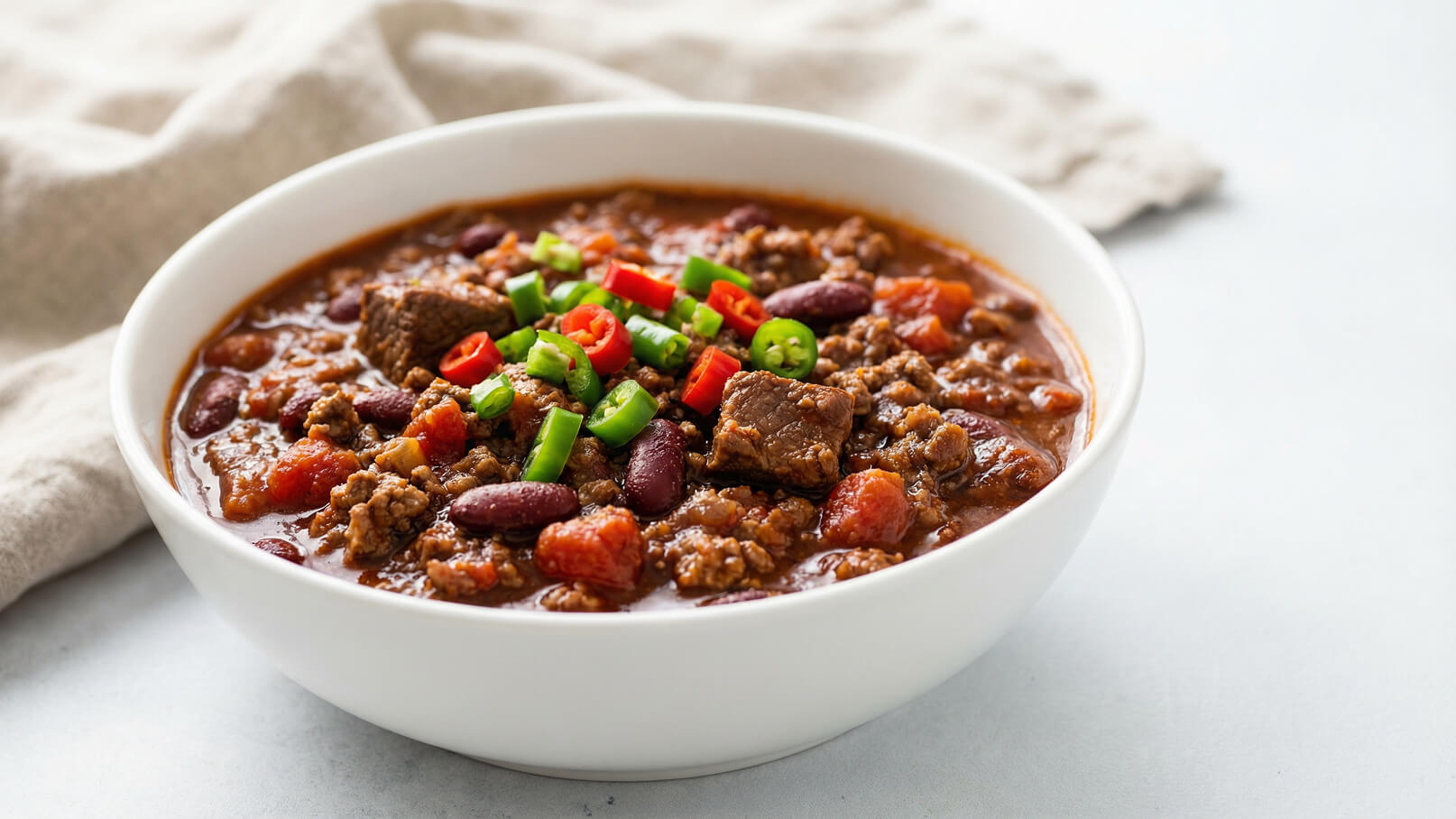 Eine weiße Schüssel mit dampfendem Chili, das aus gemahlenem Fleisch, roten Bohnen und Tomaten besteht. Das Gericht ist mit frischen, gehackten Zwiebeln und roten Chilischoten garniert. Der Hintergrund ist schlicht und hell.