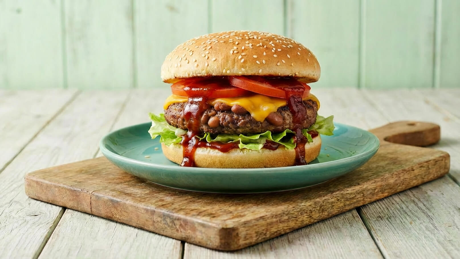 Ein saftiger Burger auf einem Teller, belegt mit einem Patty, Käse, Salat, Tomaten und Ketchup. Der Burger befindet sich auf einem Holzbrett, der Hintergrund ist hellgrün und der Tisch hat eine rustikale Holzoptik.