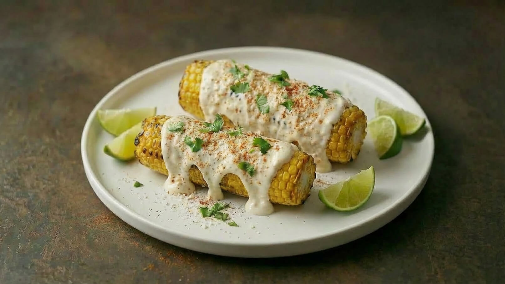 Zwei gegrillte Maiskolben auf einem weißen Teller, überzogen mit cremiger Soße und bestreut mit Gewürzen und frischem Koriander. Dazu gehören einige Limettenscheiben.