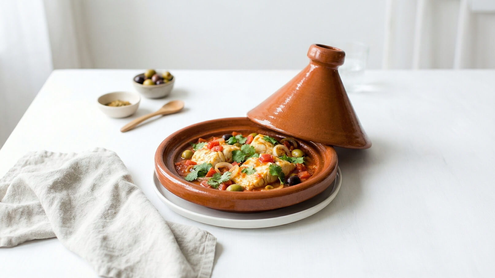 Ein traditioneller Tajine-Topf aus Ton steht auf einem Tisch. Der Deckel ist abgenommen, und eine bunte Mischung aus Gemüse, Fleisch und Kräutern ist sichtbar. Daneben liegen kleine Schalen mit Oliven und Gewürzen sowie ein beige Tuch.