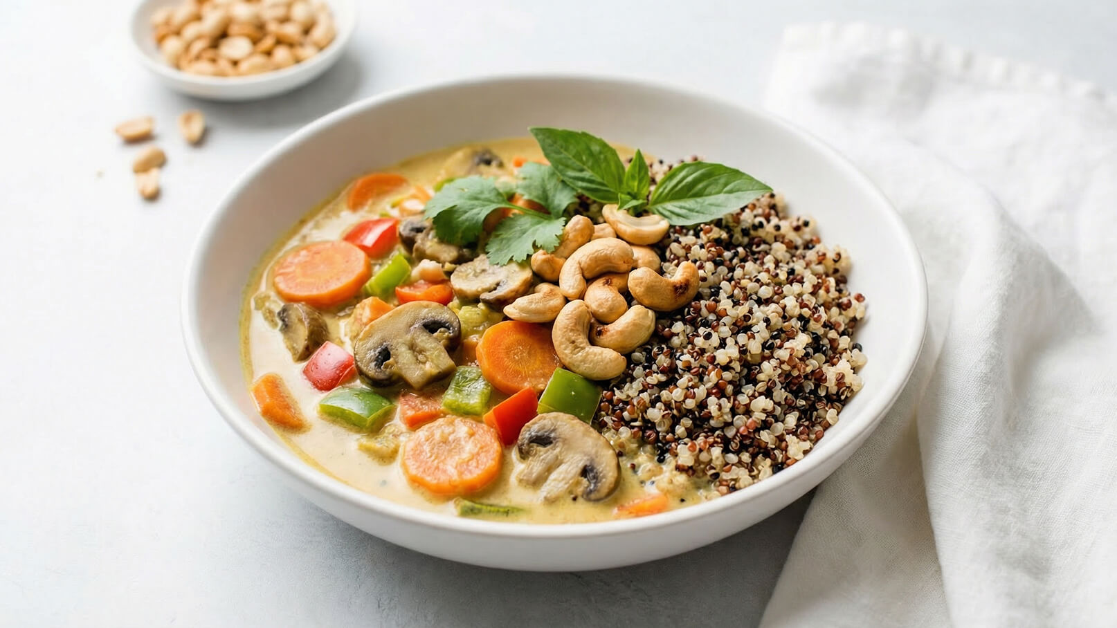Eine Schüssel mit cremiger Gemüsesuppe, die Möhren, Paprika und Champignons enthält. Neben der Suppe befindet sich eine Portion Quinoa, garniert mit Cashewnüssen und frischem Basilikum. Im Hintergrund ist eine kleine Schale mit Erdnüssen zu sehen.
