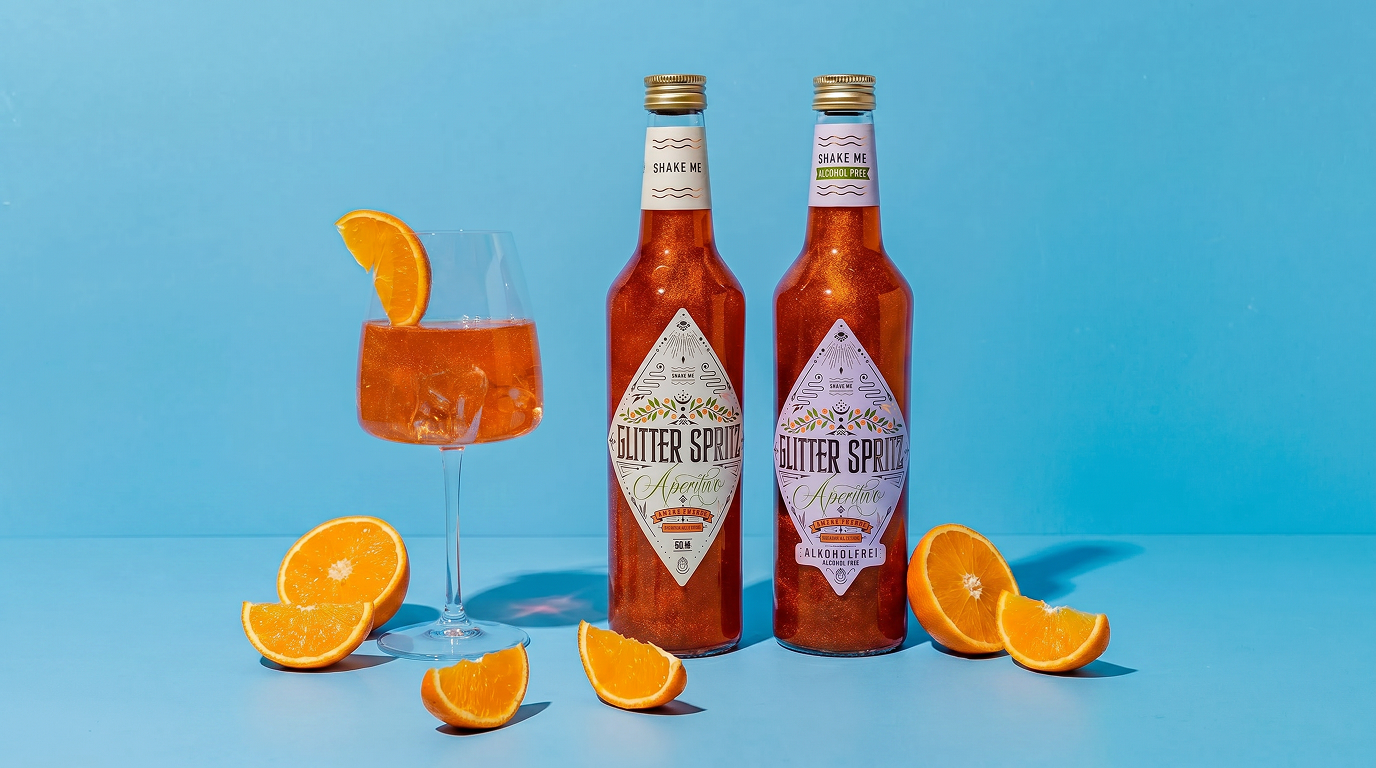 Zwei Flaschen orangefarbener Spritz-Drink neben einem gefüllten Weinglas mit Orangenscheibe und verstreuten Orangenscheiben auf eisblauem Hintergrund.