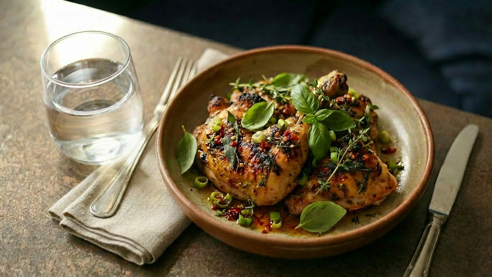 Ein Teller mit gegrilltem Hähnchen, garniert mit frischen Kräutern, darunter Basilikum und Thymian. Daneben steht ein Glas Wasser und Besteck ist darauf platziert. Der Tisch hat eine warme Holzoptik.