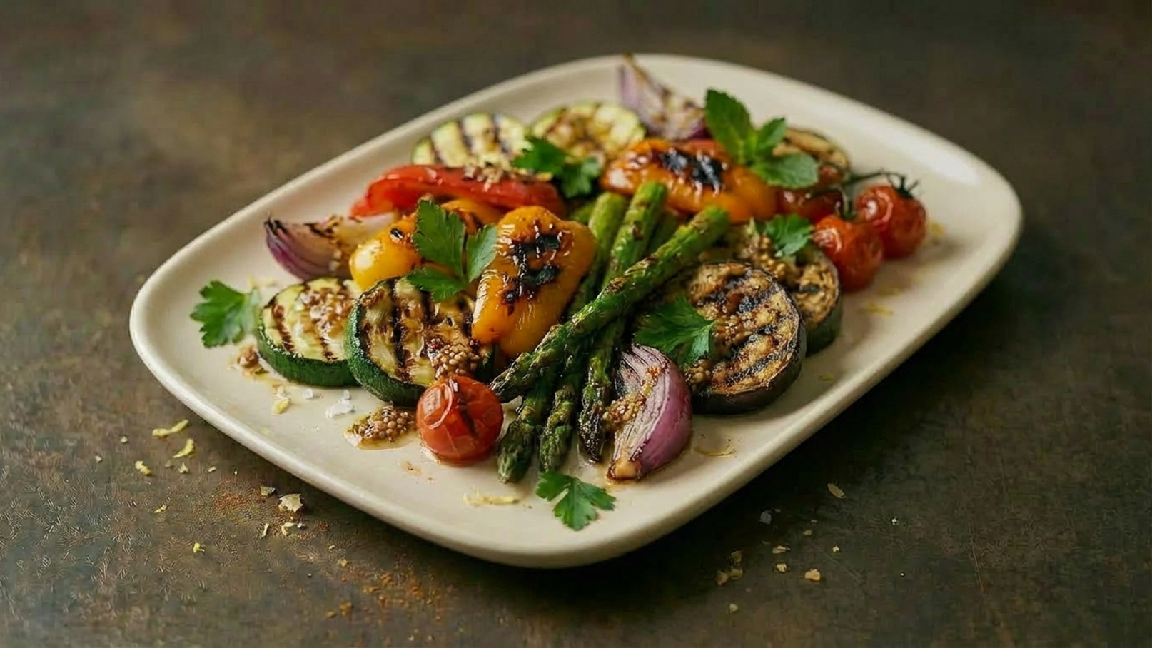 Ein Teller mit gegrilltem Gemüse, darunter Zucchini, Paprika, Spargel, Kirschtomaten und rote Zwiebeln, garniert mit frischer Petersilie. Das Gemüse ist schön angerichtet und zeigt verschiedene Farben und Texturen.