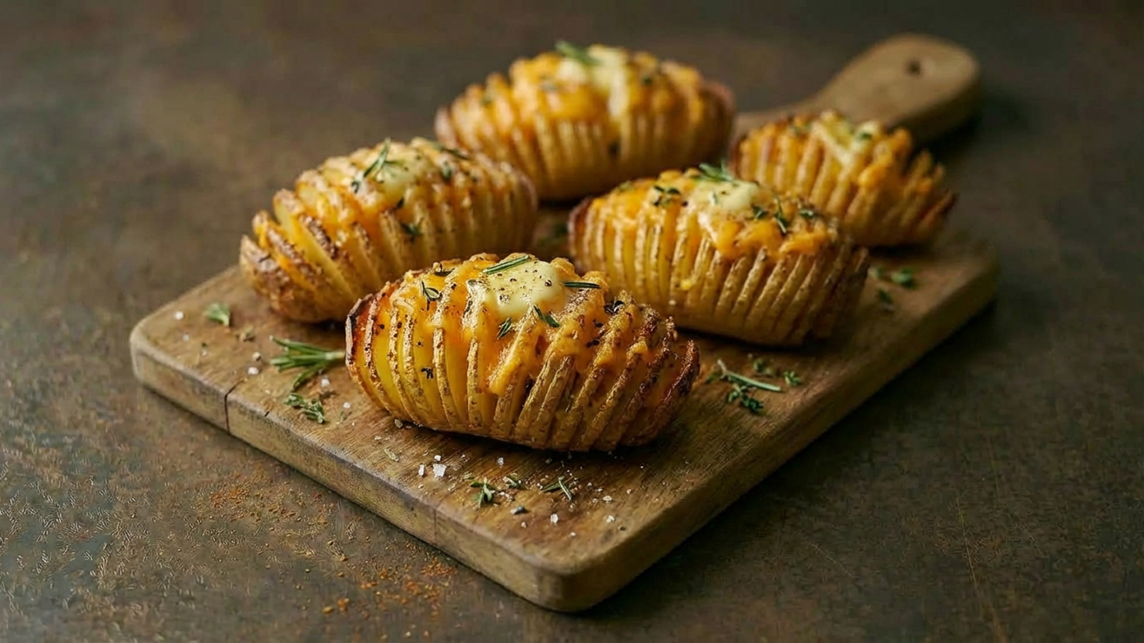 Auf einem Holzbrett liegen fünf goldbraun gebackene Kartoffeln, die in einer rostfrischen Form geschnitten sind. Sie sind mit Käse überbacken und mit Kräutern garniert.
