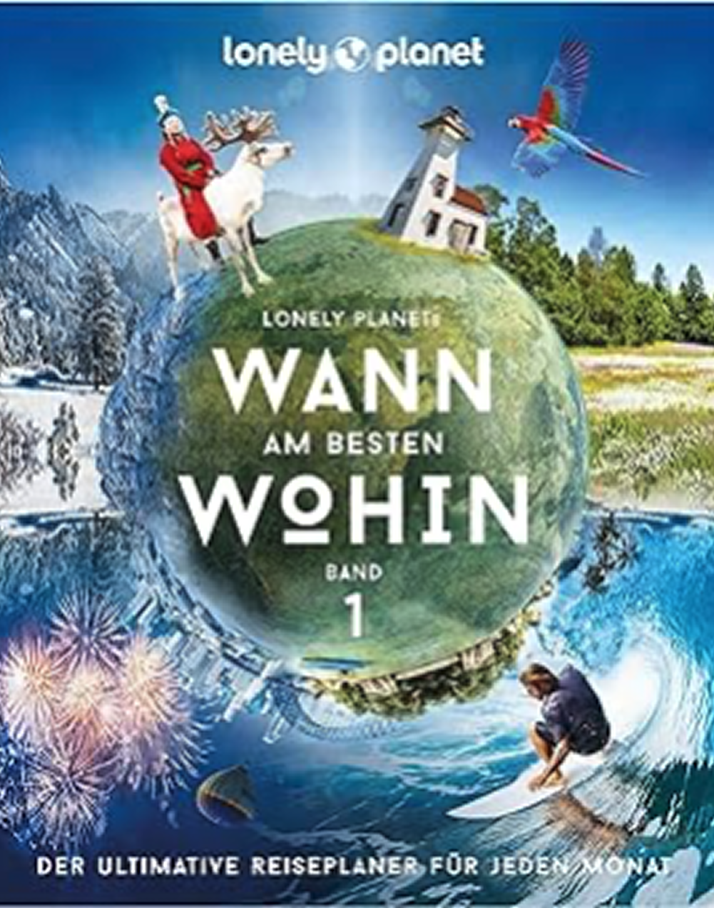 Das Bild zeigt das Titelcover des Buches "Wann am besten Wohin" von Lonely Planet. Es verbindet eine globe ähnliche Darstellung mit spezifischen Reiseikonen und farbenfrohen Elementen, die verschiedene Reiseziele und Aktivitäten darstellen. Der Titel ist prominent in der Mitte abgebildet.
