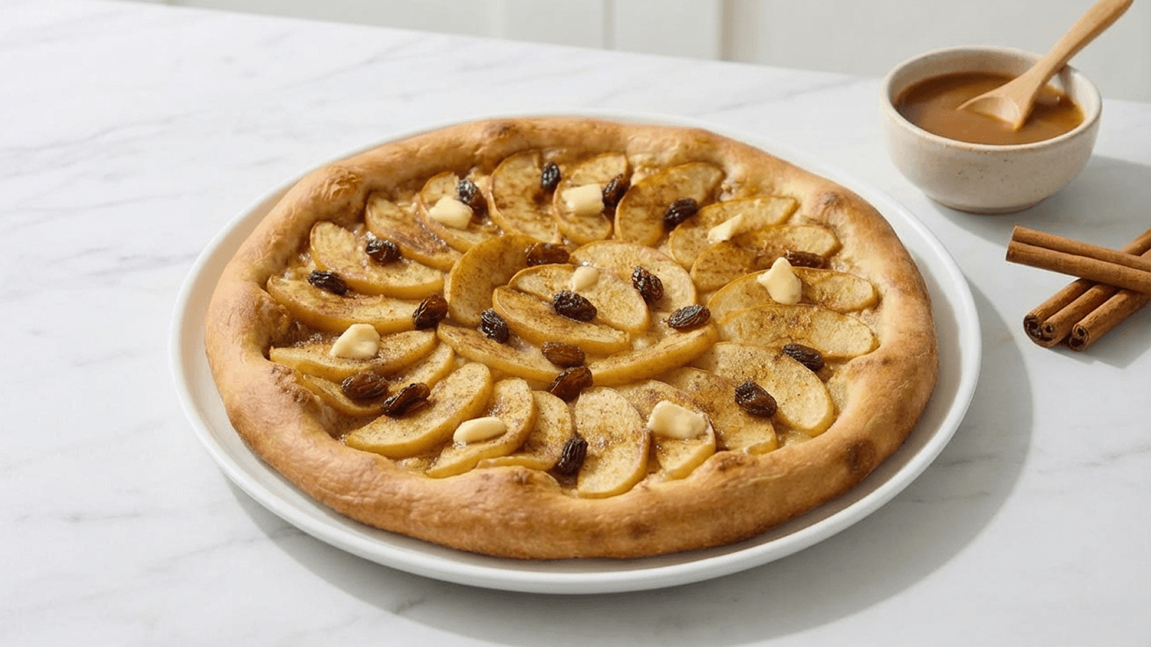Ein runder Kuchen mit einem belegten Teig aus Äpfeln, Rosinen und kleinen Klümpchen. Der Kuchen liegt auf einem weißen Teller. Neben dem Kuchen befindet sich eine Schüssel mit Karamellsauce. Leichte Zimtstangen liegen daneben.