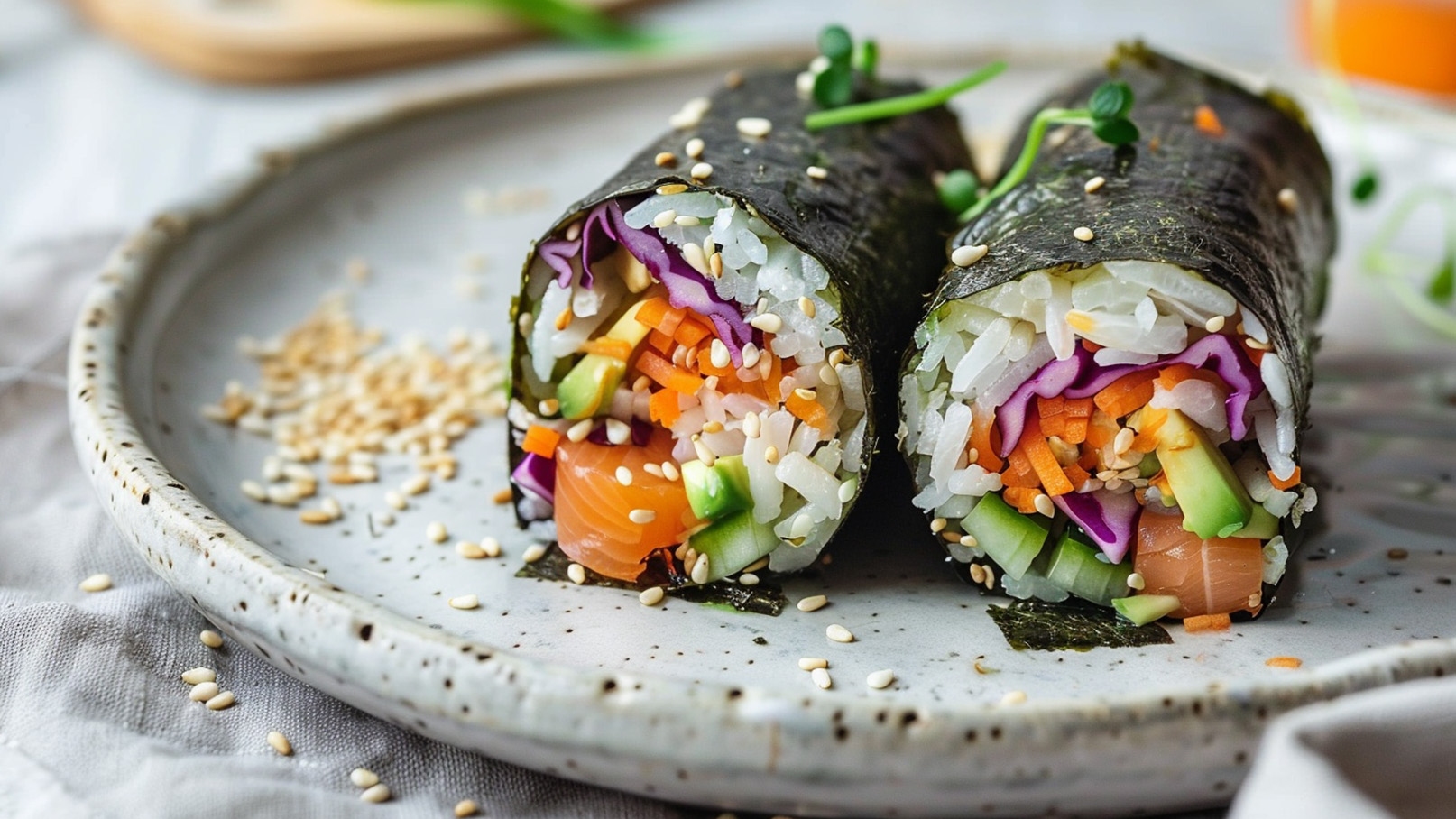 Zwei aufgeschnittene Sushi-Rollen liegen auf einem Teller. Die Rollen sind mit Reis, buntem Gemüse wie Karotten, Gurken und Rotkohl sowie Lachs gefüllt. Sesamkörner sind über die Rollen gestreut. Im Hintergrund ist eine sanfte Tischdecke sichtbar.