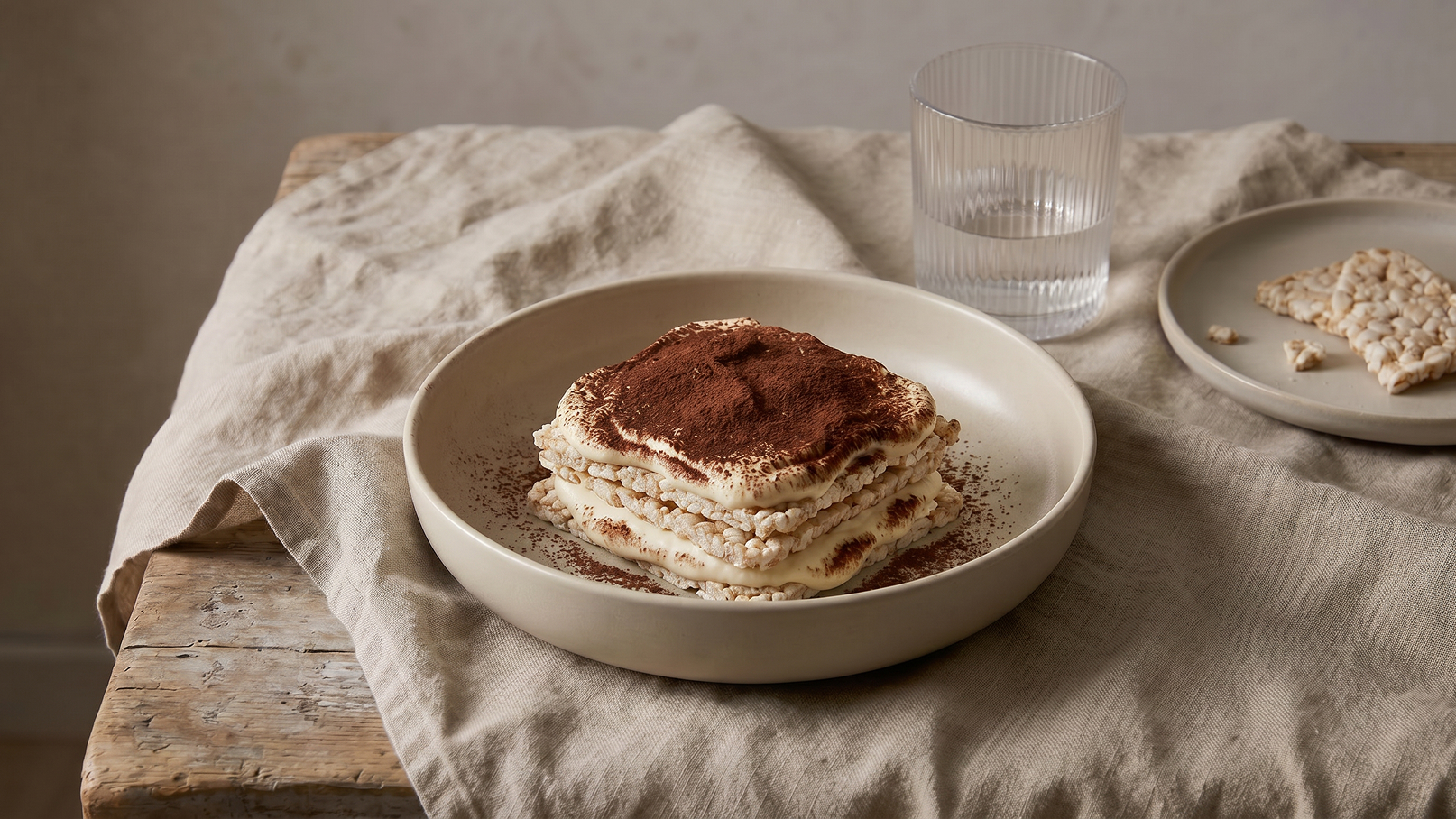 Auf einem Teller liegt ein Stapel von Tiramisu, bestäubt mit Kakaopulver. Daneben steht ein Glas Wasser und ein kleiner Teller mit Knäckebrot. Die Szene ist auf einem gedeckten Tisch mit einer hellen Tischdecke angeordnet.