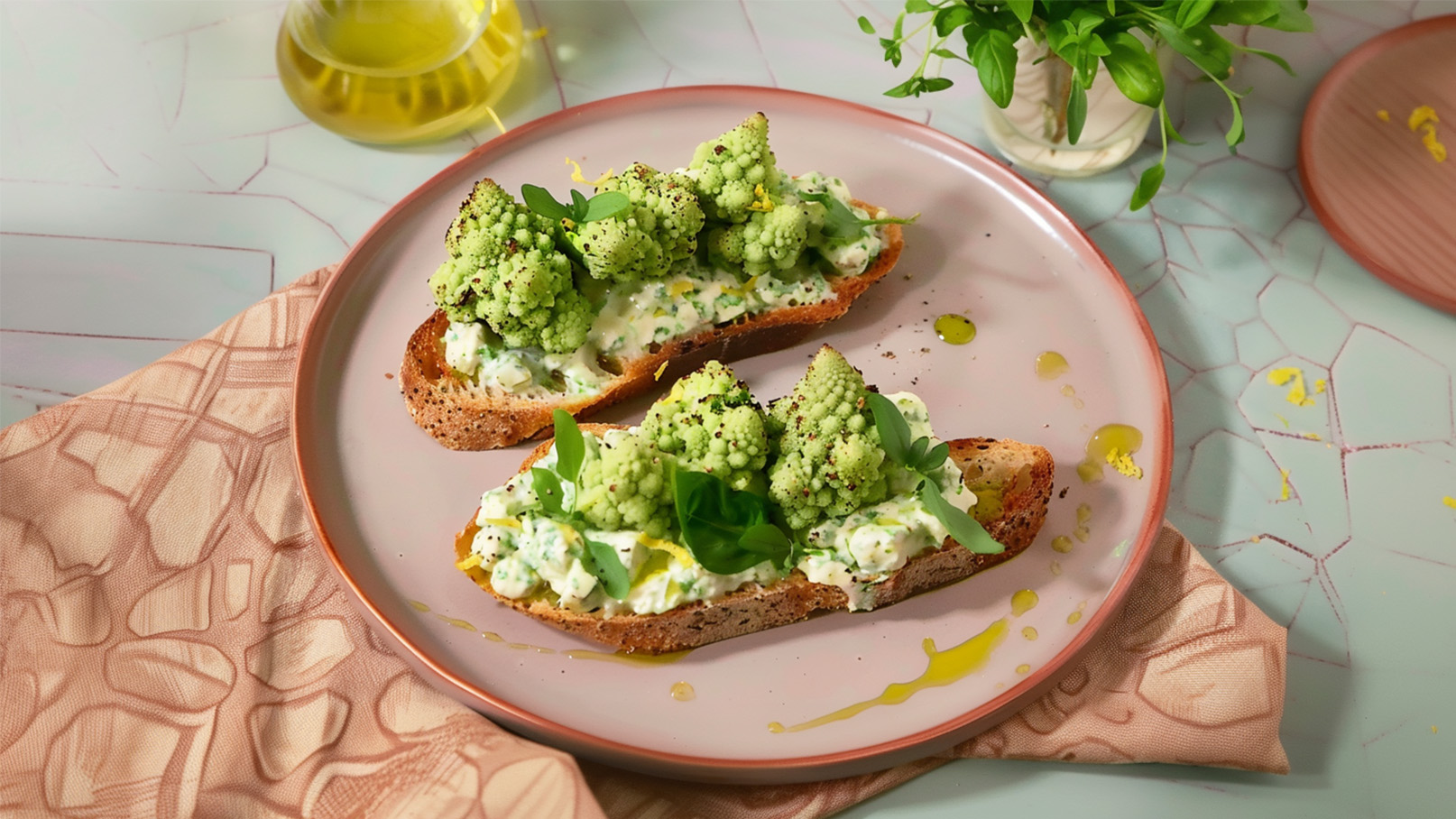 Zwei Scheiben Vollkorntoast belegt mit einer Creme aus Kräutern, garniert mit kleinen grünen Romanesco-Röschen und frischen Kräutern. Der Toast liegt auf einem flachen, rosa Teller, umgeben von etwas Olivenöl. Ein kleiner Pflanze ist im Hintergrund sichtbar.