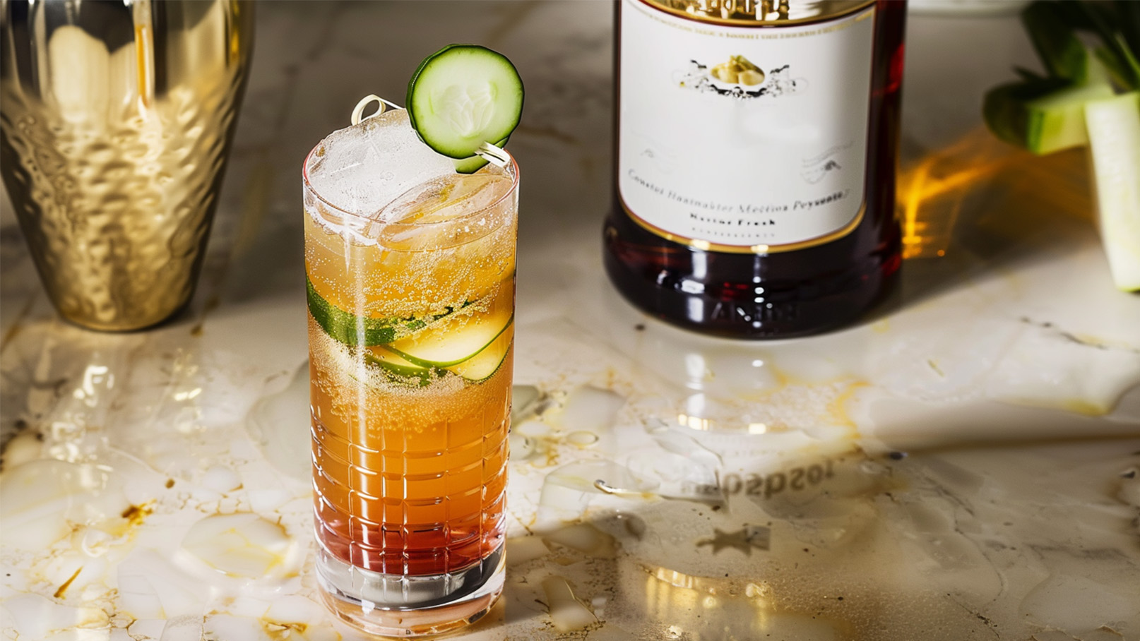 Ein hoher Glasbecher mit einem erfrischenden Cocktail, dekoriert mit einem Gurkenscheibchen und Eiswürfeln. Der Drink hat eine orangefarbene Flüssigkeit mit sprudelnden Blasen. Im Hintergrund ist eine Flasche mit einer alkoholischen Getränkemarke zu sehen.