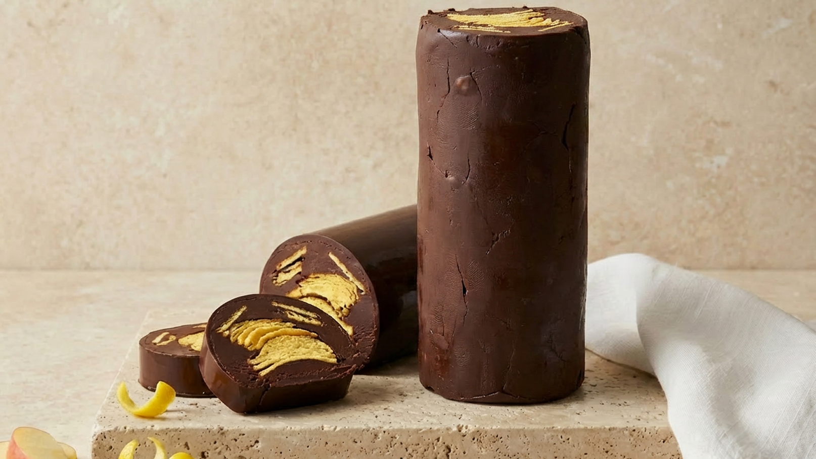 Ein zylindrisches Stück Schokolade mit einer cremigen Füllung ist auf einer Holzoberfläche platziert. Ein Teil ist aufgeschnitten, sodass die goldene Füllung sichtbar ist. Im Hintergrund ist ein ungeschnittenes Stück des Schokoladenriegels zu sehen.