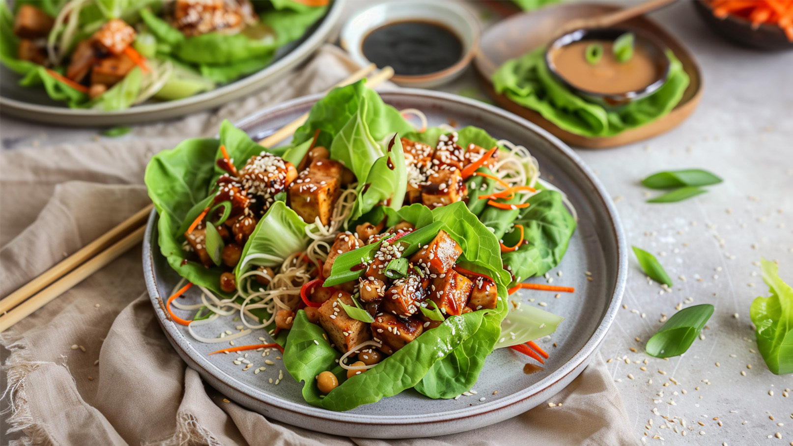 Auf einem Teller sind gefüllte Salatblätter mit einer Mischung aus gebratenem Tofu, Glasnudeln, Karottenstreifen und Frühlingszwiebeln angerichtet. Das Gericht ist mit Sesam bestreut und sieht frisch und appetitlich aus.