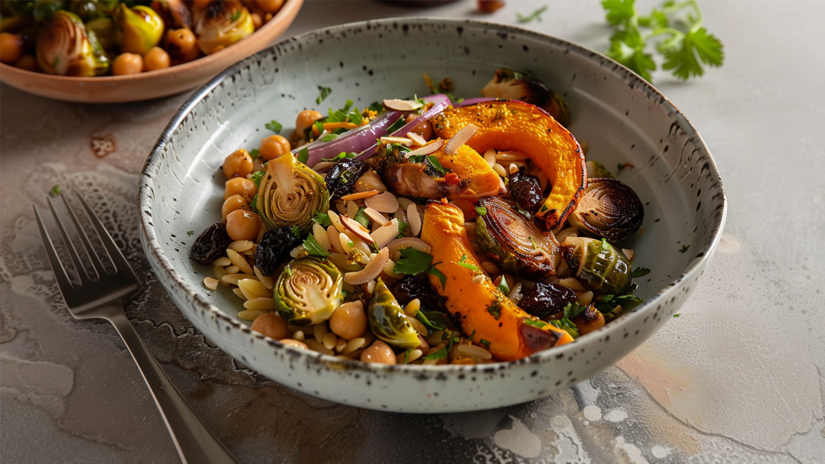 Eine Schüssel mit buntem Gericht, das gerösteten Kürbis, Rosenkohl, Kichererbsen, Zwiebeln und Mandeln enthält. Die Zutaten sind mit frischen Kräutern garniert. Im Hintergrund ist eine weitere Schüssel mit ähnlichen Zutaten sichtbar. Das Gericht ist auf einem hellen Untergrund angerichtet.