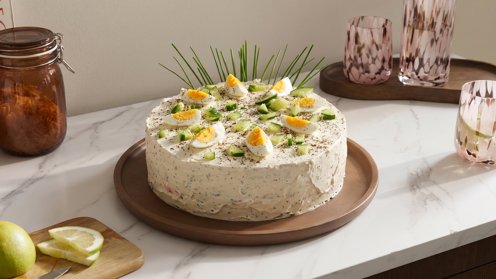 Eine runde Torte steht auf einem Holzbrett. Sie ist mit einer cremigen Schicht und dekoriert mit Gurken, Eiern und Schnittlauch. Im Hintergrund sind einige Gläser und ein Marmeladenglas sichtbar. Die Torte ist auf einer Marmoroberfläche platziert.