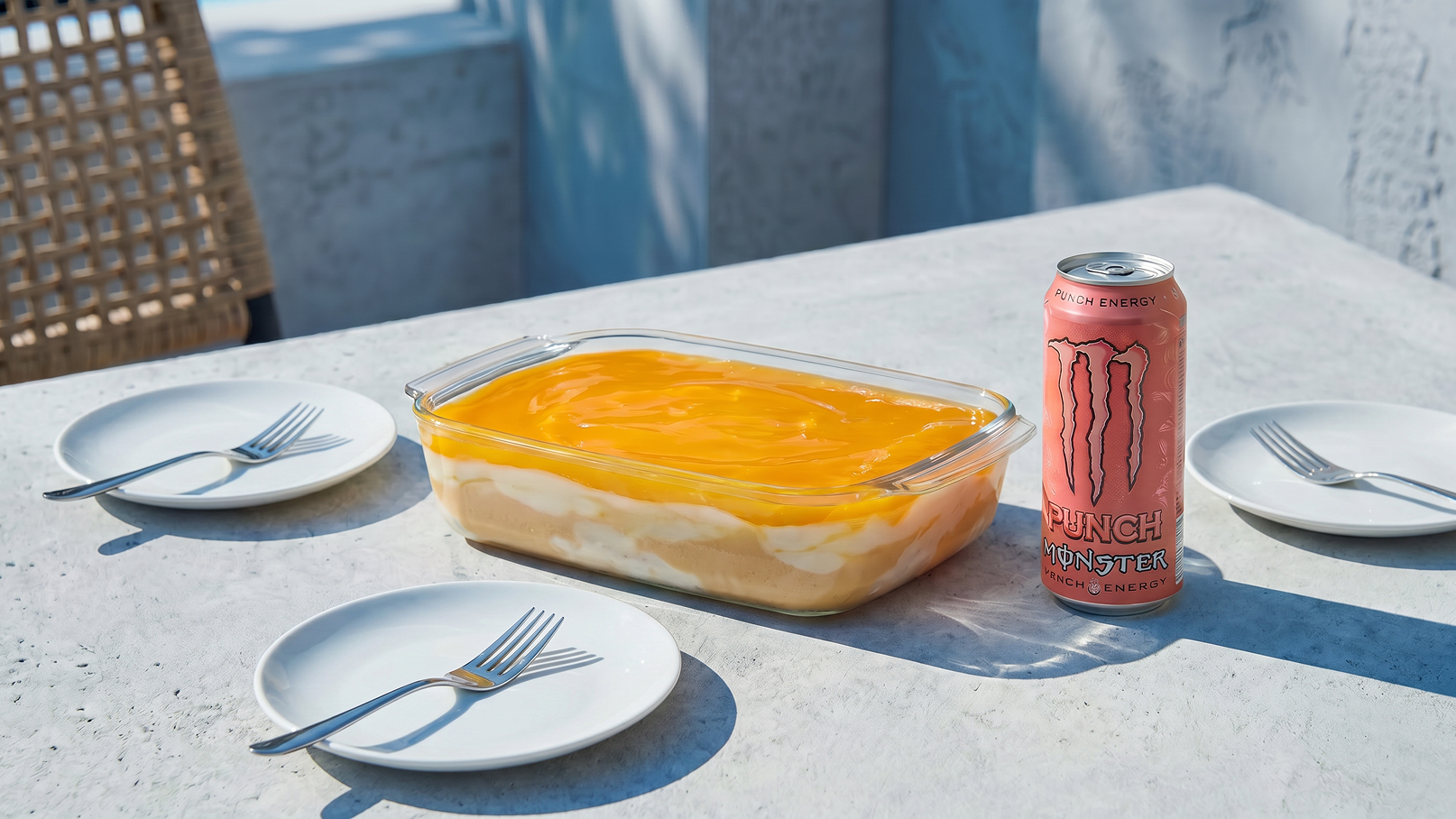 Auf einem Tisch befindet sich eine Glasschüssel mit einer gelben Dessertschicht. Daneben steht eine Dose Monster Energy Drink in Pink. Vor der Schüssel sind drei weiße Teller mit je einer Gabel platziert.