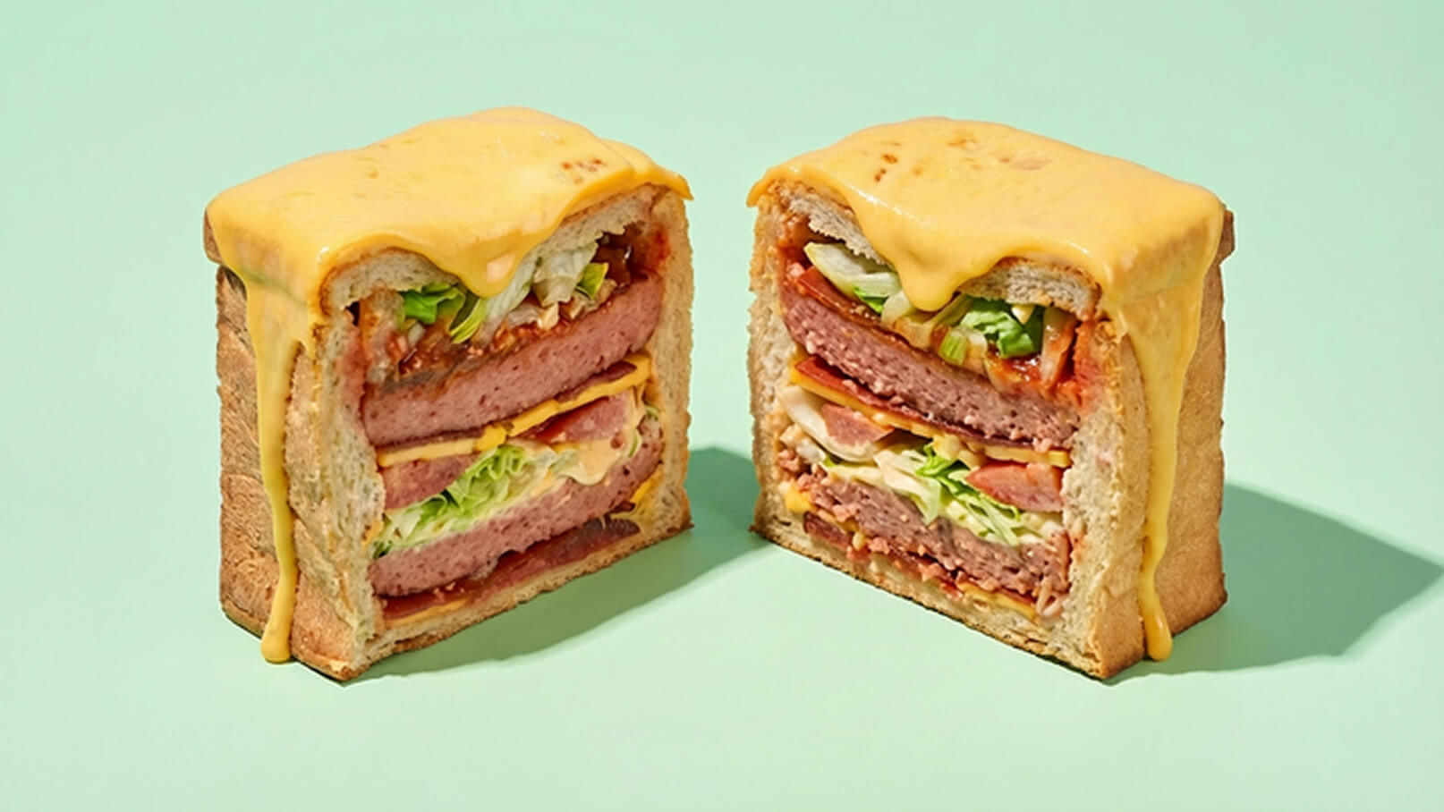 Ein aufgeschnittener Sandwich, gefüllt mit mehreren Schichten von Aufschnitt, Salat und geschmolzenem Käse, präsentiert auf einem hellgrünen Hintergrund. Die Scheiben Brot sind dick und die Füllung ist sichtbar, was dem Sandwich eine üppige Erscheinung verleiht.