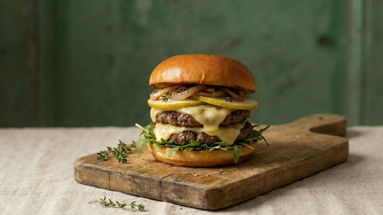 Ein saftiger Burger mit zwei Rindfleisch-Patties, geschmolzenem Käse, karamellisierten Zwiebeln und einer frischen Salatbasis. Der Burger ist auf einem rustikalen Holzbrett angerichtet und von frischen Kräutern umgeben. Der Brötchenoberteil ist glatt und golden.