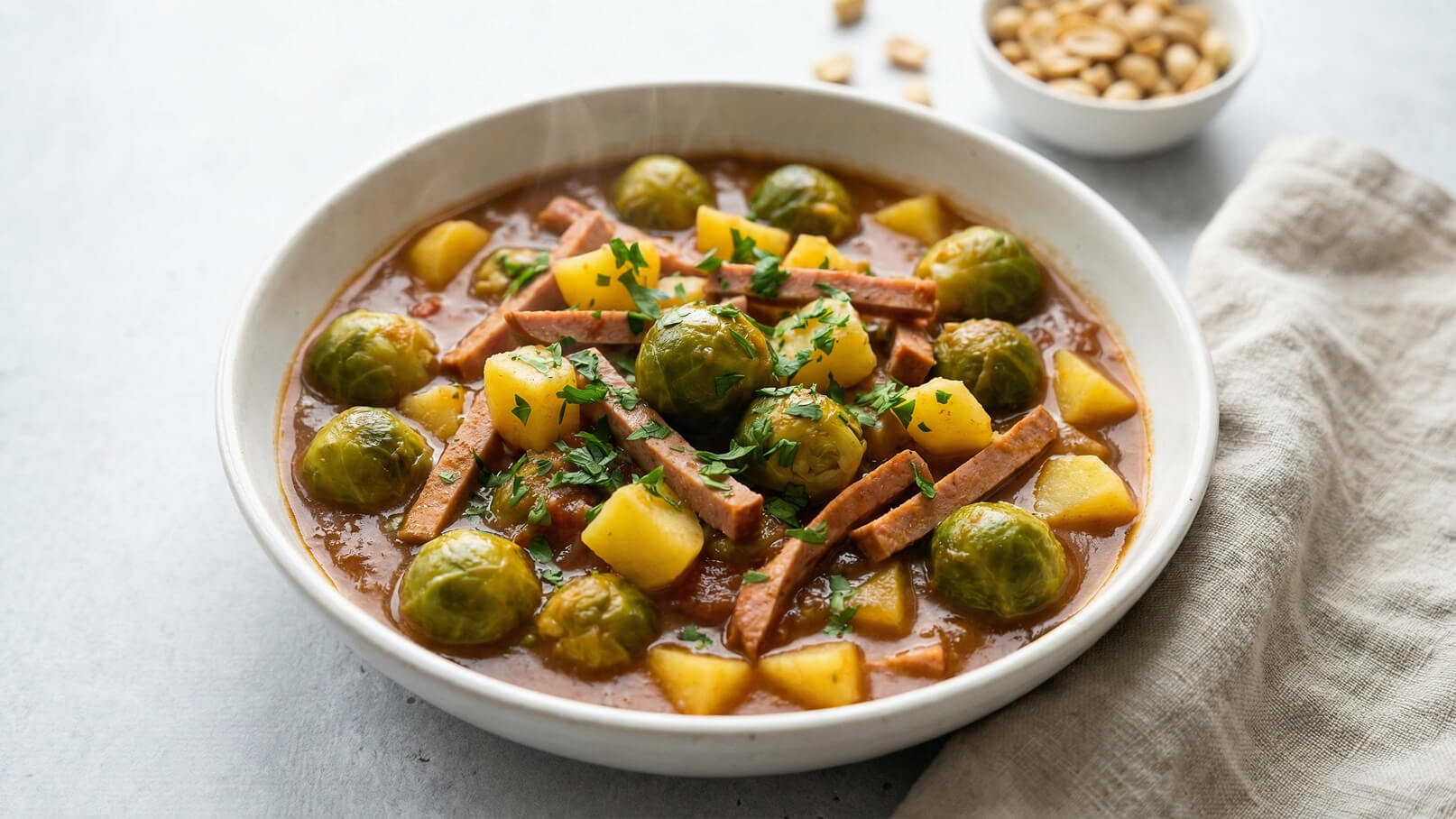 Eine Schüssel mit Brüsseler Sprossen, Kartoffeln und Streifen von Schinken in einer würzigen Brühe. Das Gericht ist mit frischer Petersilie garniert. Im Hintergrund befindet sich eine kleine Schale mit Erdnüssen.