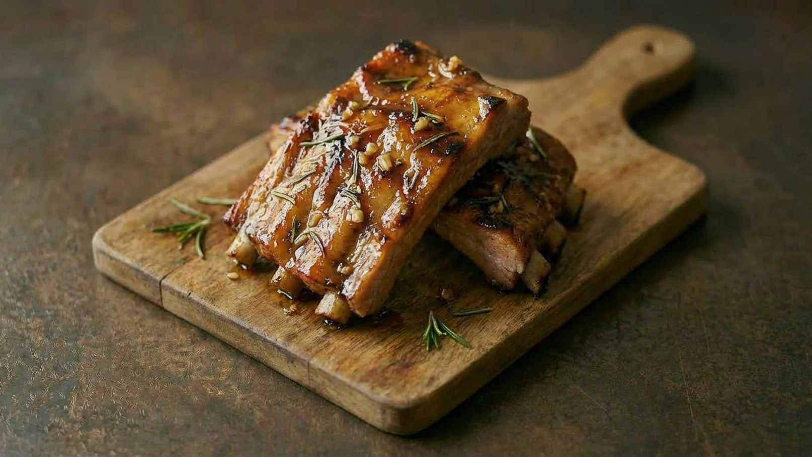 Auf einem Holzbrett liegen zwei saftig glasierte Rippchen, garniert mit frischen Kräutern. Die Rippchen sind goldbraun und glänzend, was auf eine herzliche Zubereitung hindeutet.
