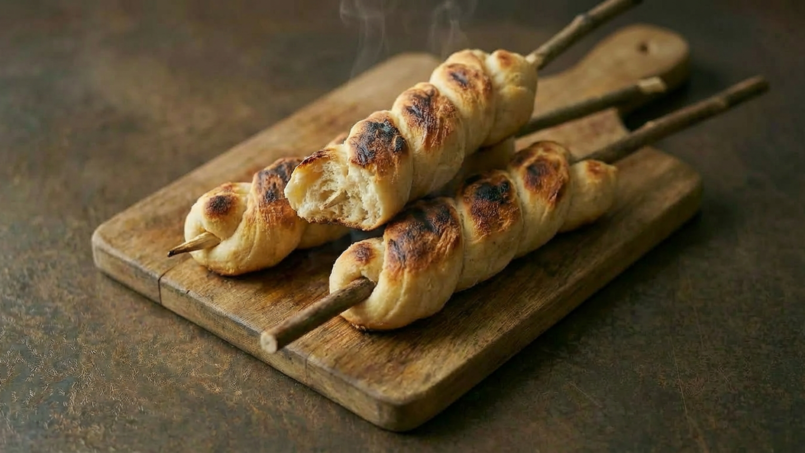 Zwei frisch gegrillte Teigrollen, die auf Holzspießen auf einem Holzbrett liegen. Die Rollen sind goldbraun und leicht angebrannt, dampfen leicht und suggerieren Frische. Der Hintergrund ist schlicht und unauffällig.