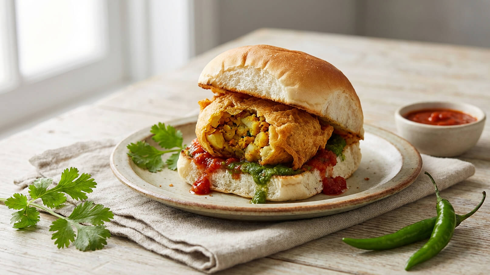 Ein frischer Burger auf einem Teller, gefüllt mit knusprigem Gemüse und gewürzt mit roter und grüner Sauce. Neben dem Burger liegen frische Korianderblätter und grüne Chilis. Der Teller steht auf einer Tischdecke aus Stoff.