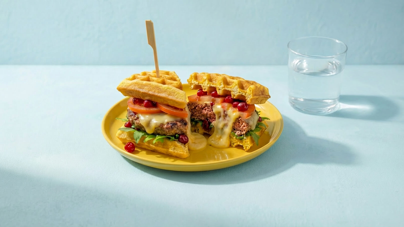Auf einem gelben Teller liegen zwei Waffeln, gefüllt mit einem Burger, Käse, frischen Tomaten und Salat. Eine Waffel ist mit einem Holzstäbchen fixiert. Daneben steht ein Glas Wasser.