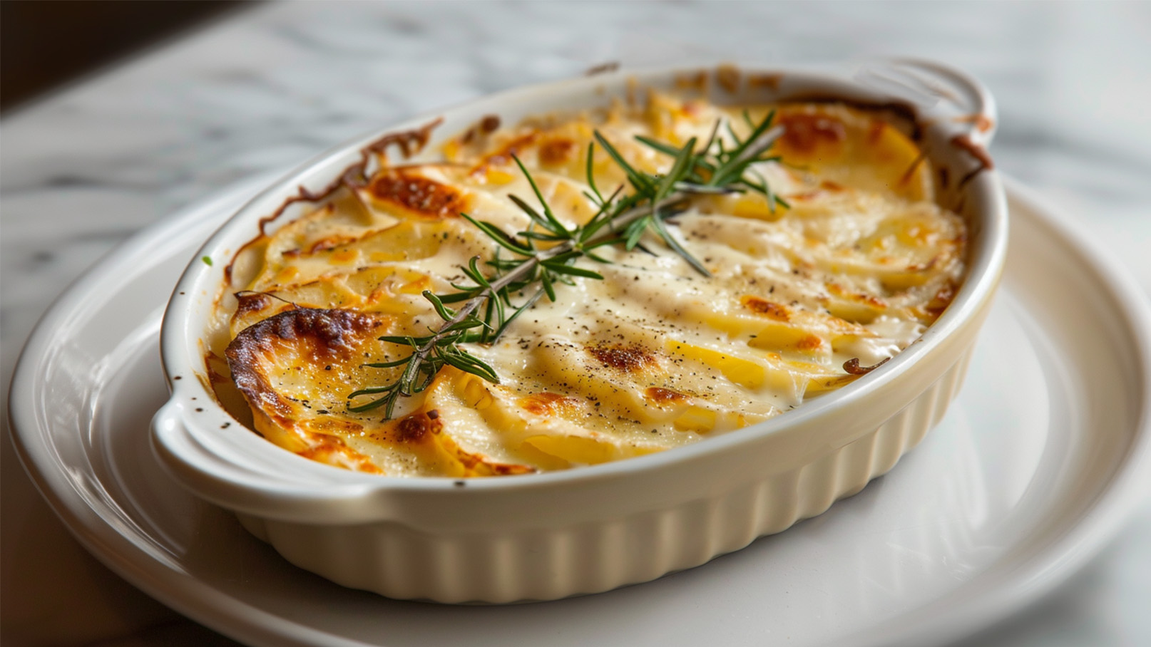 Ein weißes Auflaufform mit Kartoffelgratin, das goldbraun und knusprig aussieht. Es ist mit einer Schicht geschmolzenem Käse bedeckt und mit frischem Rosmarin garniert. Der Gratin liegt auf einem hellen Teller und befindet sich auf einer marmorierten Oberfläche.